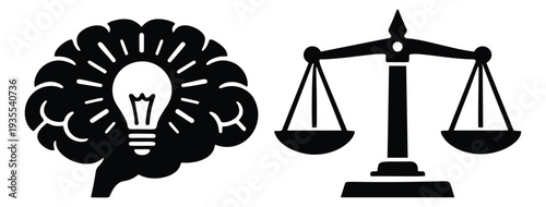 Iconic symbol set featuring a brain with a lightbulb and a balance scale for conceptual design