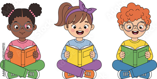 Cartoon Kids Sitting and Reading Books Vector Illustration Set for Education Theme