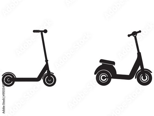 Two black electric scooter silhouettes side by side on white background for urban transportation and mobility concepts