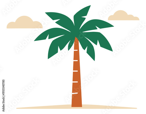 Flat illustration of a palm tree on sand with clouds depicting a tropical scene for summer holidays