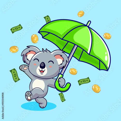 Happy Koala with Umbrella in Money Rain Vector Illustration Kawaii Design