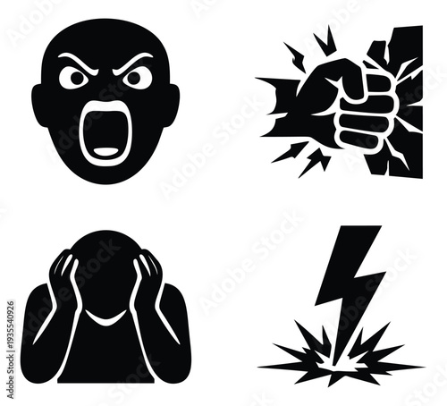 Bold symbolic icon set featuring an angry face, a punching fist, a distressed figure, and a lightning bolt for depicting intense emotions and sudden events