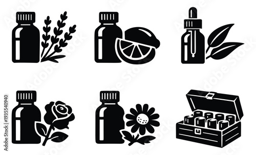 Modern icon essential oil set featuring bottles, a dropper, lavender, lemon, rose, and a storage box for aromatherapy and natural remedies