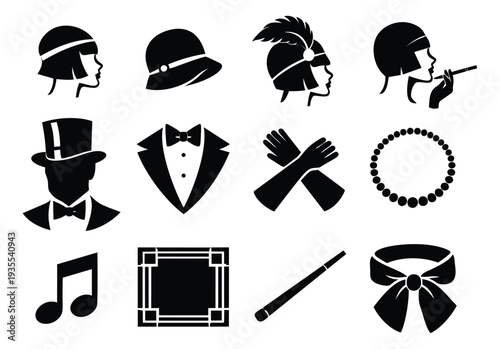 Vintage silhouette icon set featuring flapper hats, tuxedo, and pearls for roaring twenties parties