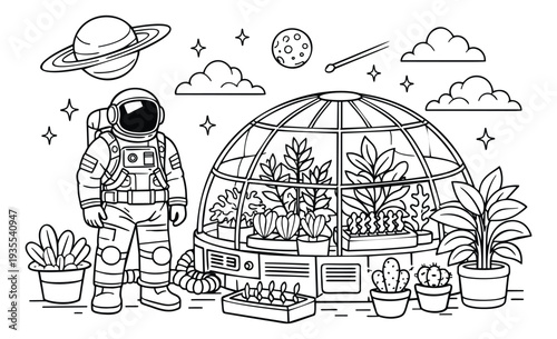 Line art illustration of an astronaut and a space biodome depicting futuristic plant cultivation for space colonization