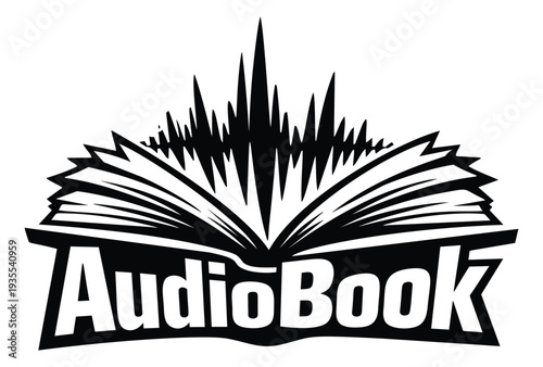Stylized illustration of an audiobook logo depicting an open book with sound waves for digital content