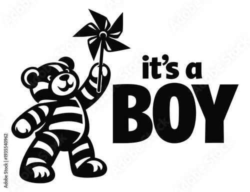 Graphic illustration of a teddy bear holding a pinwheel and 'it's a boy' text depicting the arrival of a baby boy for a baby announcement