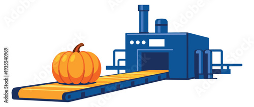 Flat design illustration of a pumpkin depicting industrial processing on a conveyor belt for food production