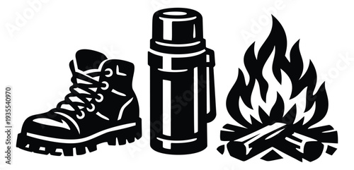 Graphic outdoor gear set featuring a hiking boot, thermos, and campfire for camping adventures