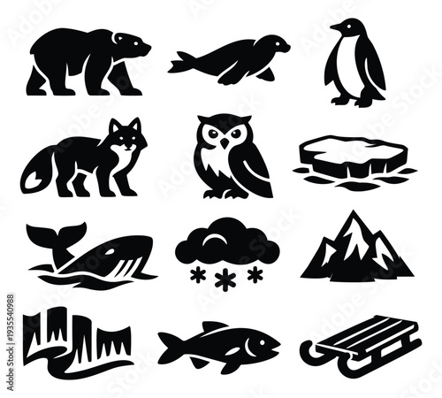 Stylized graphic arctic nature icon set featuring polar bear, seal, penguin, fox, whale, ice, snow, mountains, aurora borealis and sled for winter designs