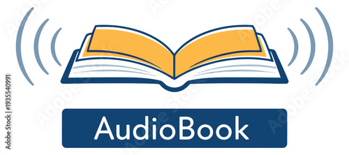 Flat design line art illustration of an open book depicting sound waves for digital audio content