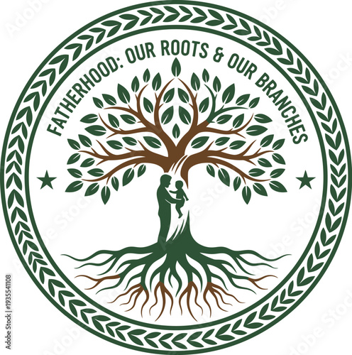 Fatherhood Emblem with Tree of Life and Father Holding Child Silhouette for Family Heritage and Growth Logo