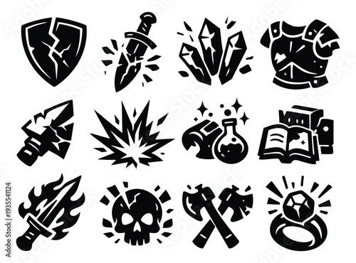 Bold graphic fantasy icons set featuring combat, magic, and treasure items for gaming applications