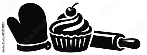 Graphic baking set featuring an oven mitt, a cupcake, and a rolling pin for kitchen design