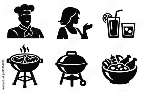 Modern silhouette barbecue party icon set featuring a chef, woman, beverages, and grilling equipment for outdoor summer parties
