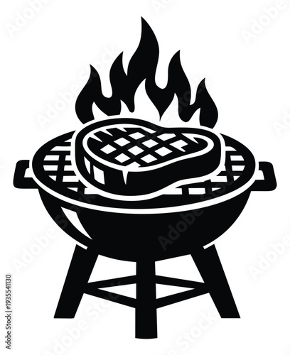 Graphic illustration of a steak on a barbecue grill depicting cooking with flames for a summer party