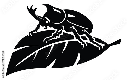 Stylized illustration of a rhinoceros beetle depicting it perched on a leaf for nature and wildlife themes