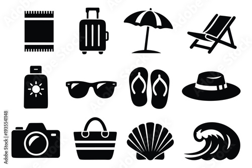 Simple travel and beach icon set featuring vacation essentials for summer holidays