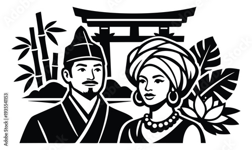 Graphic illustration of an Asian man and African woman depicting cultural diversity for global themes