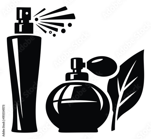 Silhouette perfume set featuring two fragrance bottles, one spraying, and a leaf for beauty and personal care design