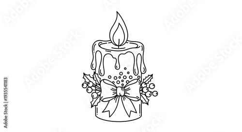 Traditional Christmas candle illustration in black and white with melting wax, a ribbon bow, and holly berries.