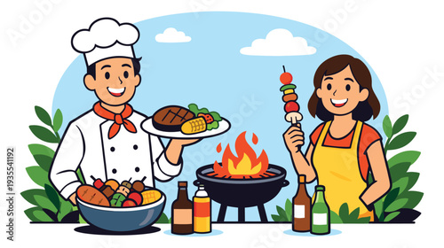 Line art illustration of a chef and woman depicting a barbecue cookout for summer enjoyment