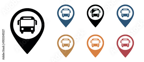 Bus Concept Vector Icon Set, Public Transport Symbols with Map Location Markers