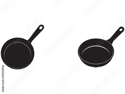 Two black frying pans with handles side by side on white background for cooking and kitchen use  cooking utensils