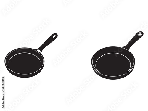 Two black frying pans with handles side by side on white background
