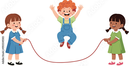 Happy Kids Playing Jump Rope Together Vector Illustration Outdoor Childhood Activity Scene