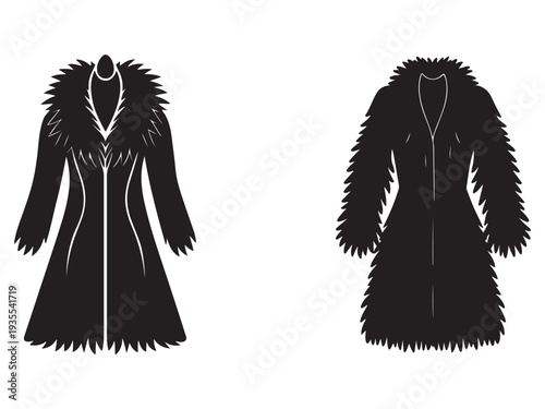 Two black fur coats with long sleeves and furlined hoods on white background  front views  isolated