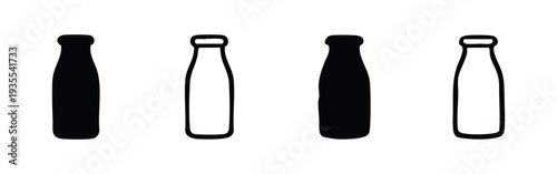 Collection of Milk Bottle Silhouettes and Outlines on Isolated White Background