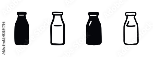 Set of Black and White Milk Bottle Vector Icons and Silhouettes