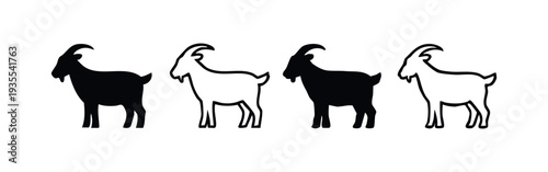 Stylized Black and White Goat Silhouettes and Outlines on Clean Background