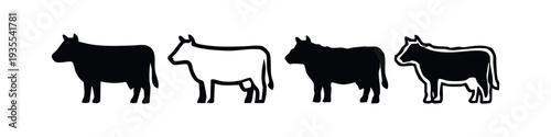 Diverse Cow Silhouettes and Outline Icons Set on White Background