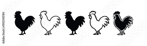Diverse Rooster Silhouettes and Outline Icons Set on White Background