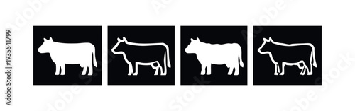White Cow Silhouettes and Outline Icons on Black Background