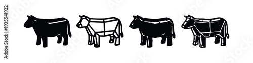 Geometric Cow Silhouette Icon Set with Solid and Wireframe Styles