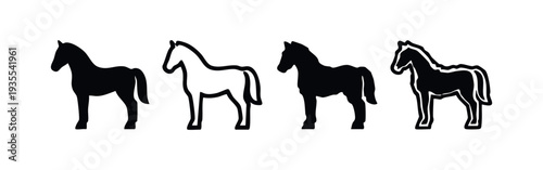 Horse Silhouette Icon Set with Solid and Outline Designs