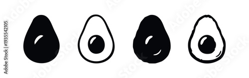 Avocado Half Icons Set. Fruit Silhouette and Outline Vector Illustration.