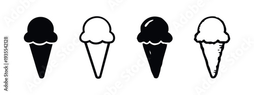 Ice Cream Cone Icons Set - Flat, Outline, and Hand-Drawn Dessert Symbols