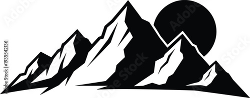 Mountain silhouette landscape with sun background, black nature peak range illustration isolated design for outdoor adventure travel logo vector