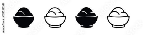 Ice Cream Scoop in Bowl Icons Set. Frozen Dessert Silhouette and Outline Vector.