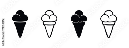 Ice Cream Cone Icons Set. Dessert Silhouette and Outline Vector Illustration.