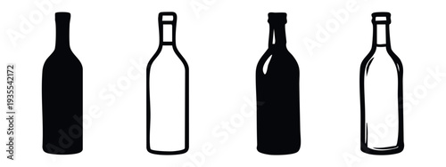 Wine Bottle Icons Set - Alcoholic Beverage Containers in Flat and Outline Styles