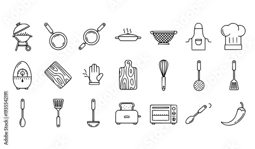 Editable Linear Kitchen Equipment Icon Set Thin Line BBQ Oven and Cooking Tools Vector Isolated on White