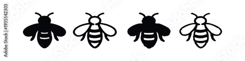 Bee icons set. Insect vector collection, minimalist honeybee illustrations in flat and outline style.