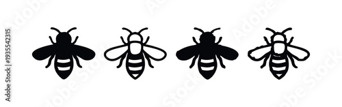 Honey bee icons set. Insect outline and silhouette vector collection, nature symbols.