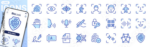 Biometric identification and identity verification icon set with fingerprint, face recognition, iris scan, voice authentication. Security symbols for access control, DNA. Blue duotone line vector