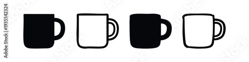 Simple Coffee Mug Icons Set. Black and White Hot Beverage Cup Silhouettes.